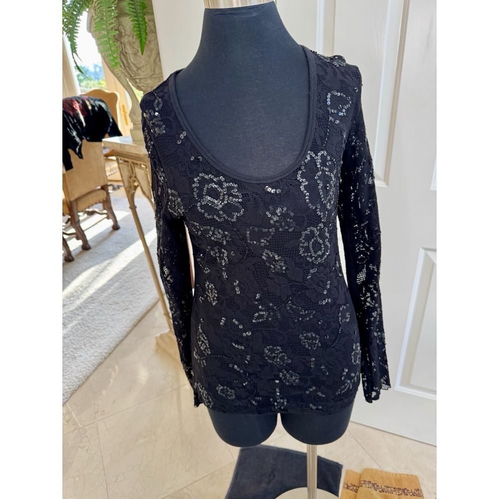 Haven Bleu Boutique Brand Women's Black Lace & Sequin Long Sleeve Top Size M